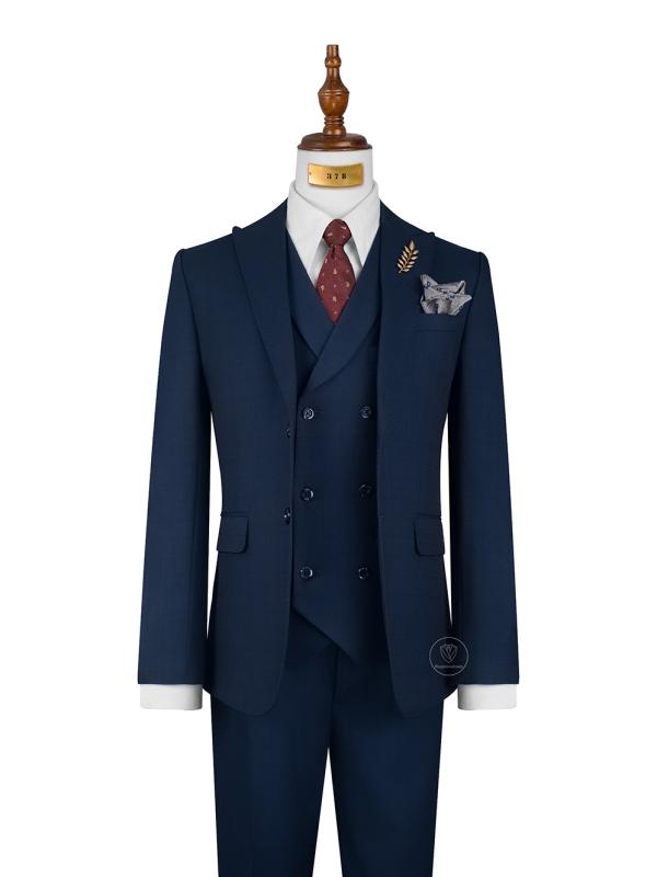 Bộ Suit Xanh Navy Phối Đột Chỉ Viền Modern Fit TGS378